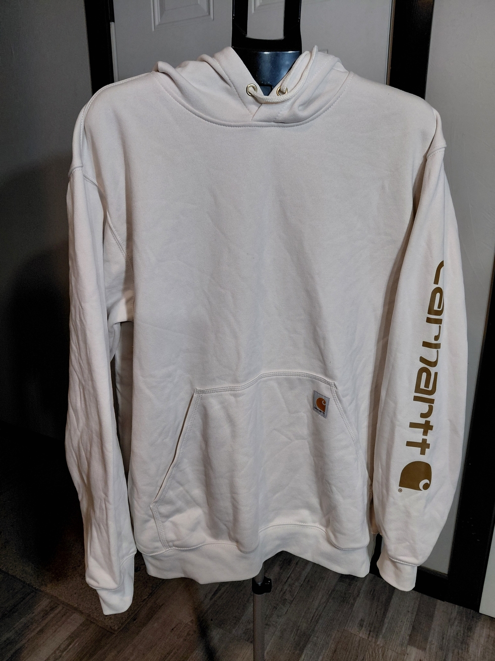 NEW Carhartt Mens Loose Fit Hooded Sweatshirt Cream with Gold Sleeve Logo SIZE L